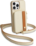 LAMEEKU for iPhone 14 Pro Max Wallet Case with Card Holder, Zipper Leather Crossbody Case with Kickstand Lanyard for Women, Cover with Phone Grip Holder Stand for Apple iPhone 14 Pro Max 6.7" Beige