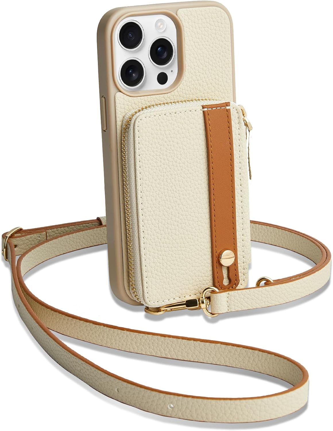 LAMEEKU for iPhone 14 Pro Max Wallet Case with Card Holder, Zipper Leather Crossbody Case with Kickstand Lanyard for Women, Cover with Phone Grip Holder Stand for Apple iPhone 14 Pro Max 6.7" Beige