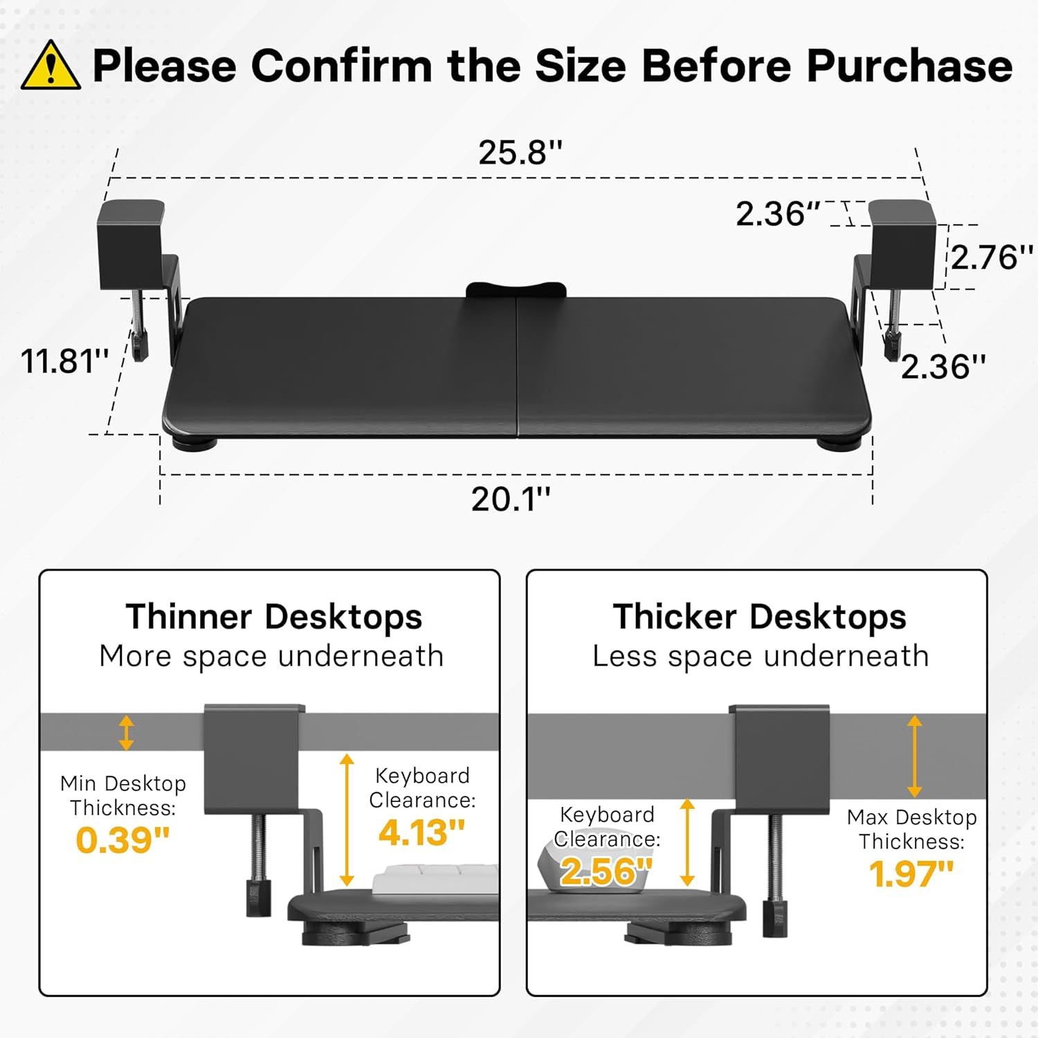 BONTEC KMT01-PJ Under Desk Keyboard Tray, Pull-Out Keyboard & Mouse Platform with C-Clamp, 20 x 11.8 in Space-Saving Ergonomic Slide-Out Drawer, Black