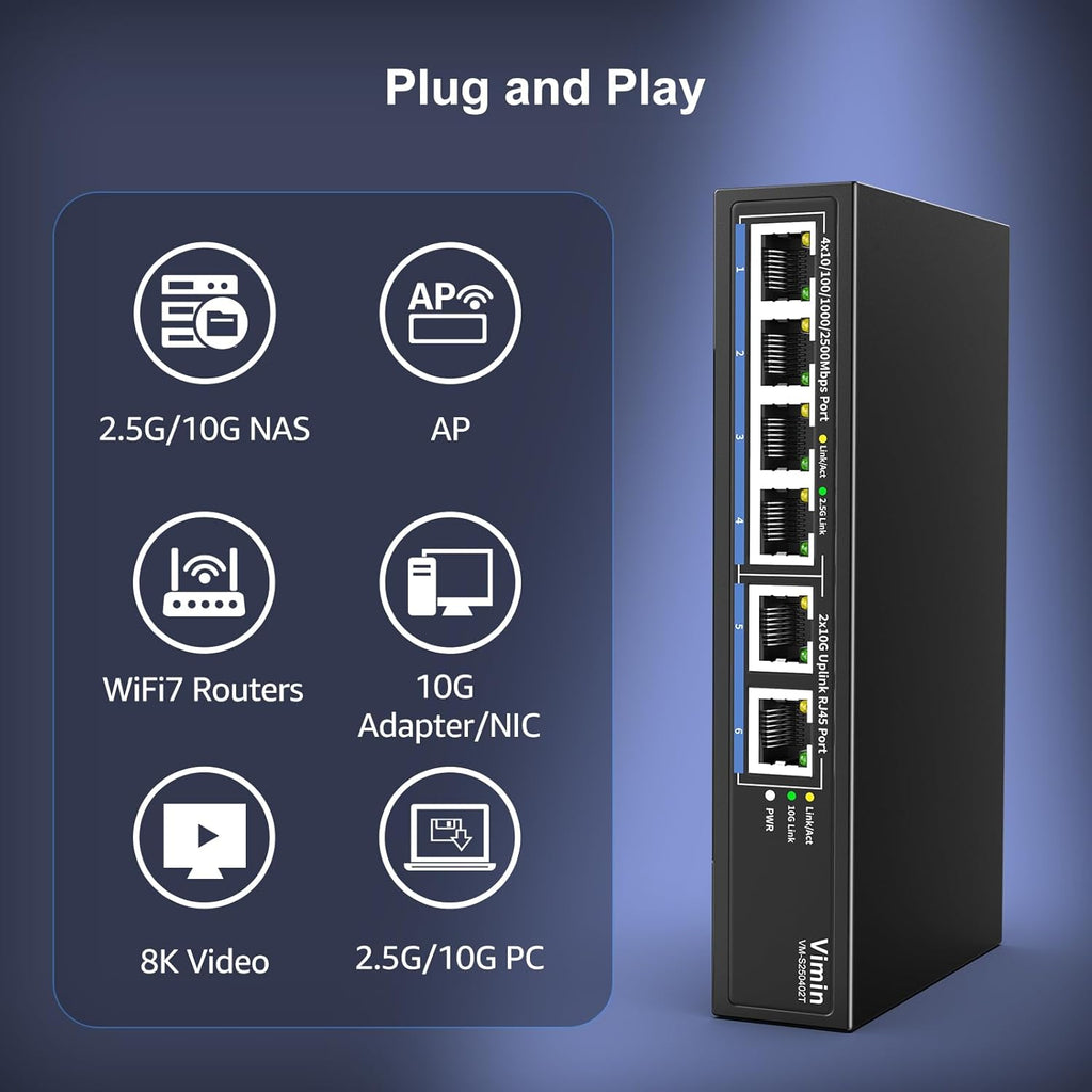 6-Port 10G/2.5G Ethernet Switch with Dual 10GBASE-T, Vimin 4X 2.5G +2 x 10Gb RJ45 Ports Unmanaged Switch, 60Gbps Capacity, 10G Switch Desktop/Wall Mount Network Switch for NAS, PC, Wireless AP