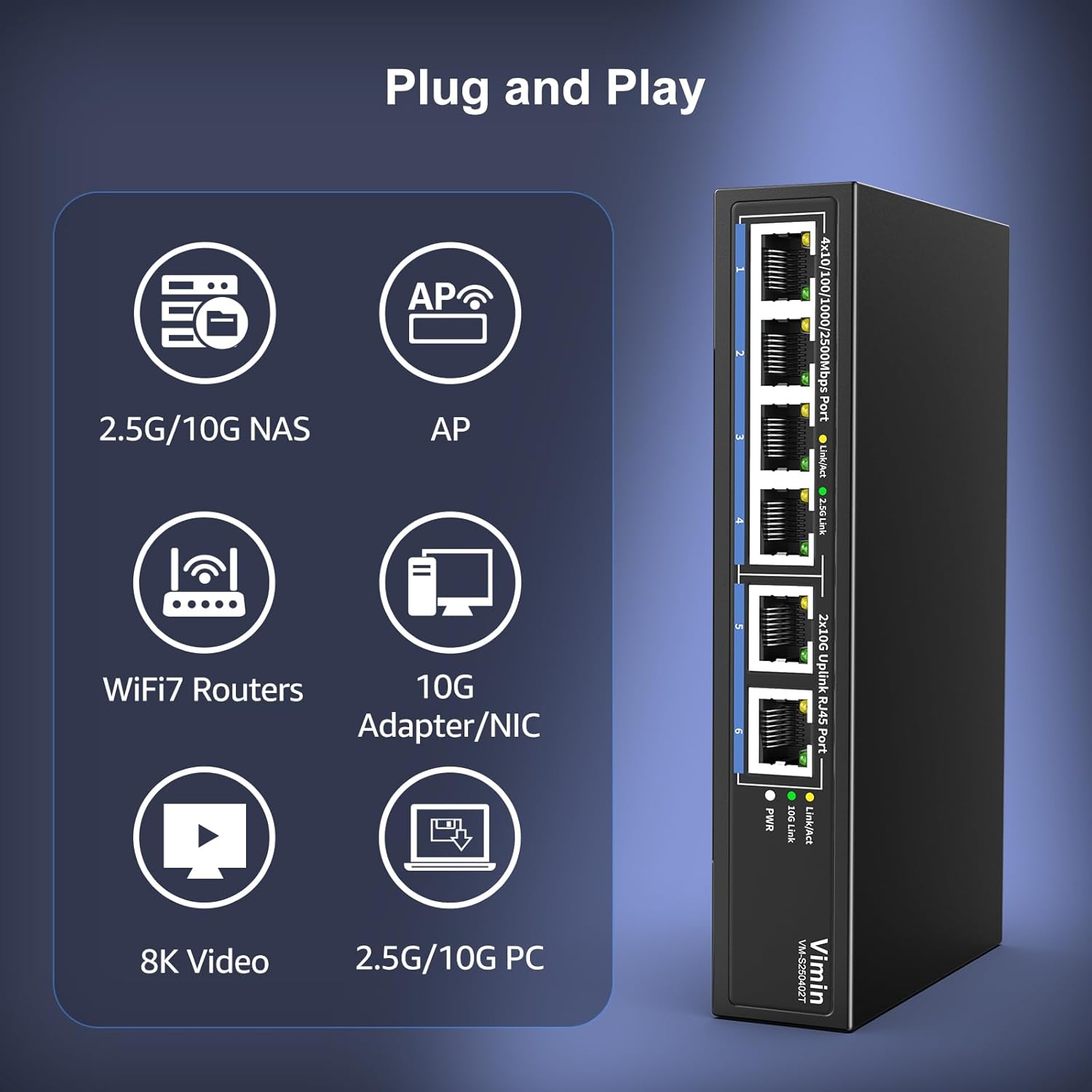 6-Port 10G/2.5G Ethernet Switch with Dual 10GBASE-T, Vimin 4X 2.5G +2 x 10Gb RJ45 Ports Unmanaged Switch, 60Gbps Capacity, 10G Switch Desktop/Wall Mount Network Switch for NAS, PC, Wireless AP