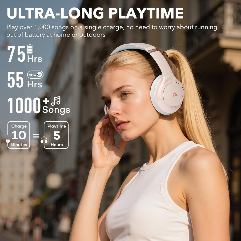 1Mii Y8+ Noise Cancelling Headphones Bluetooth, Wireless LDAC Hi-Res Audio, Custom EQ via App, 75H Playtime, Comfort Fit, Over Ear Headphones Foldable for Airplane Travel Home Office Beige Cyan