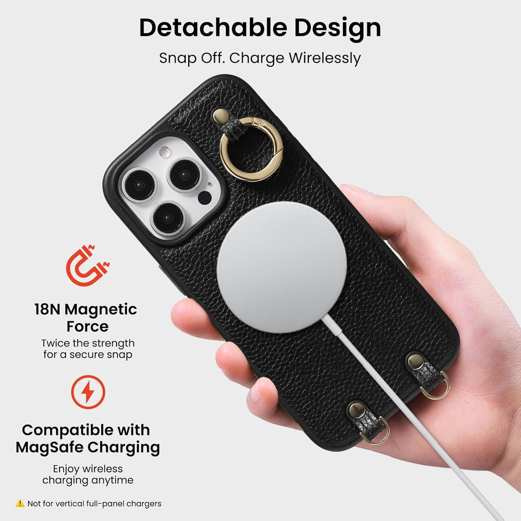 ORNARTO Magnetic Detachable Wallet Case for iPhone 16 Pro, [Compatible with MagSafe], Crossbody Wallet Case with Card Holder Wrist Strap, RFID Blocking PU Leather Wallet Phone Cover 6.3", Black