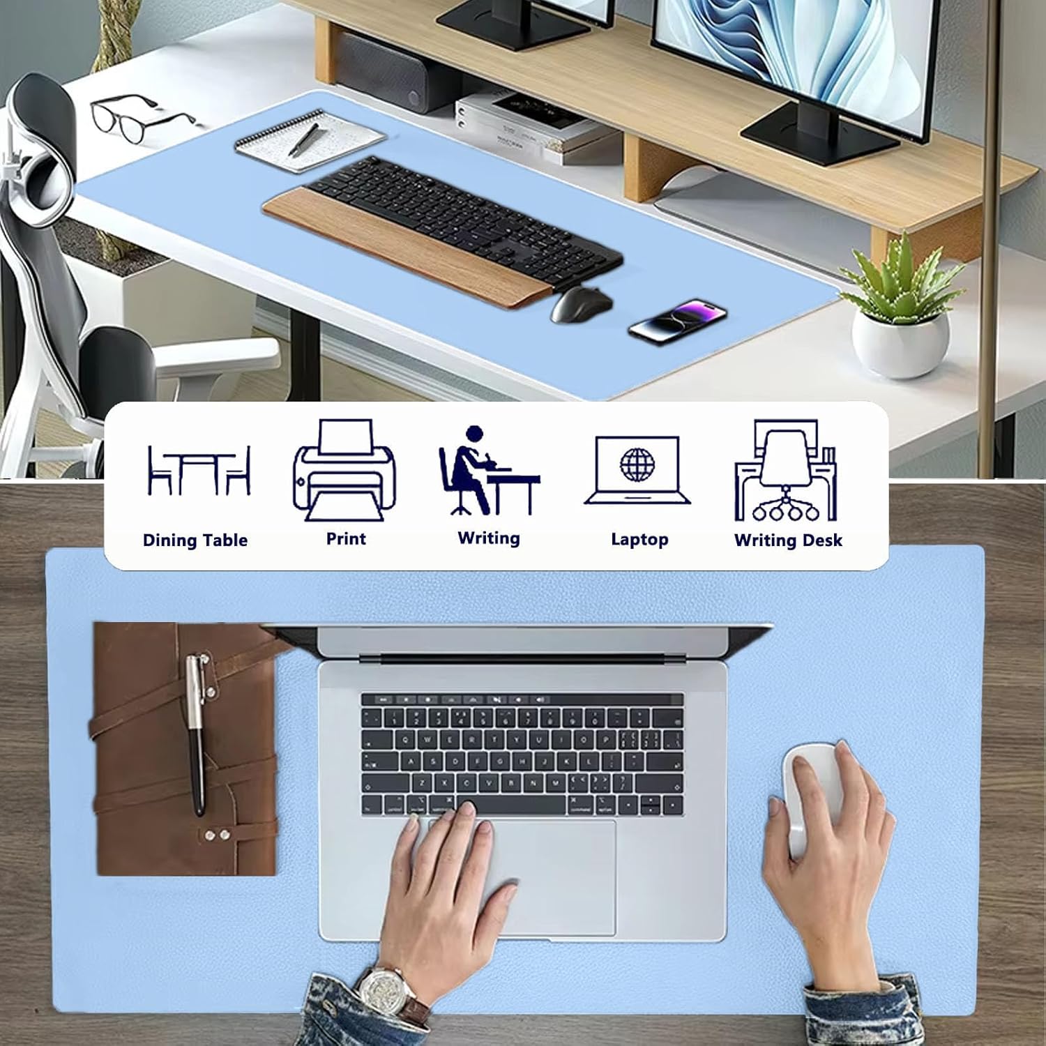 PU Leather Desk Pad Protector Gaming Mouse Pad Non Slip Desk Mat for Keyboard and Mouse Waterproof Desk Writing Pad for Office and Home Desk Accessories(Blue, 47.2 * 17.7)