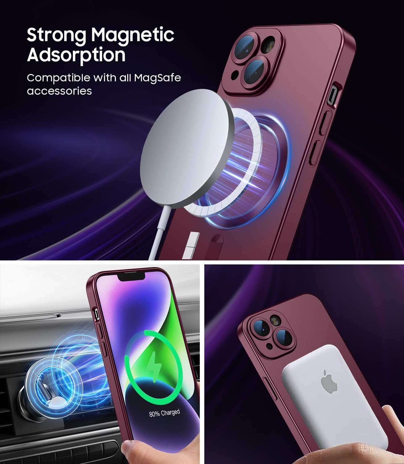 Magnetic for iPhone 14 Plus Case [Compatible with MagSafe][Built-in Camera Lens Protector] Slim Soft Silicone Bumper Shockproof Metallic Luster Phone Case (Burgundy)