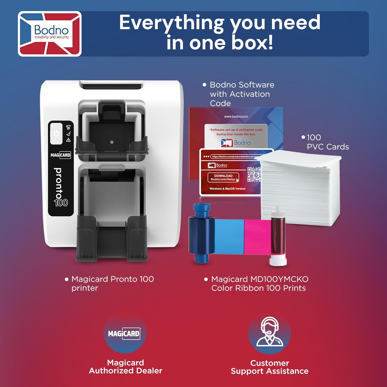 Bodno Magicard Pronto 100 ID Card Printer & Complete Supplies Package ID Software - Bronze Edition