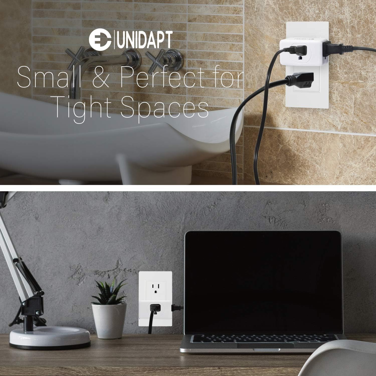 Unidapt Multi Plug Outlet Extender 2 Pack - 3 Way Wall Outlet Splitter, Cruise Ship Essentials Power Plug Adapter, Compact Travel Wall Tap Expander, Flat Angled Design, Home, Office, Dorm - White