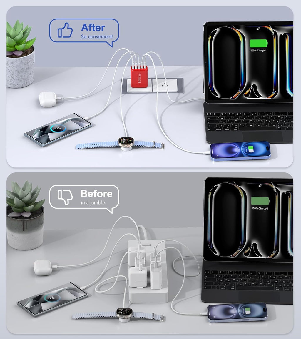 50W USB C Wall Charger, 2Pack 5-Port C Charger Fast Charging Block PD Power Adapter +QC 3.0 Multiport Type C Box Brick Cube USB A Wall Plug for iPhone 16/15/14/13 Pro Max, iPad,Samsung Galaxy(Red)