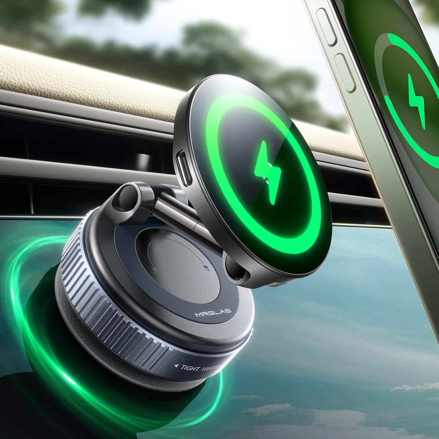 MRGLAS for 15W MagSafe Car Mount Charger, Vacuum Magnetic Wireless Car Charger for iPhone 16 Pro Max Accessories, Suction Cup Phone Mount Charger for iPhone 16e 15 14 13 12 with MagSafe Case