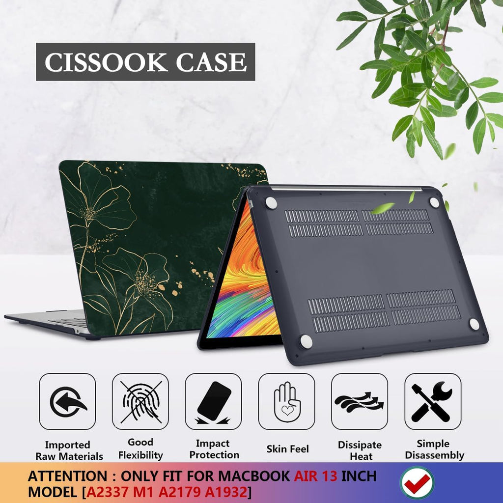 CISSOOK Case for MacBook Air 13 inch 2021 M1 A2337 A2179 A1932, Hard Shell Case+ Keyboard Cover+ Screen Protector for New MacBook Air 13 with Retina Display and Touch ID 2022-2018, Elegant Gold Lotus