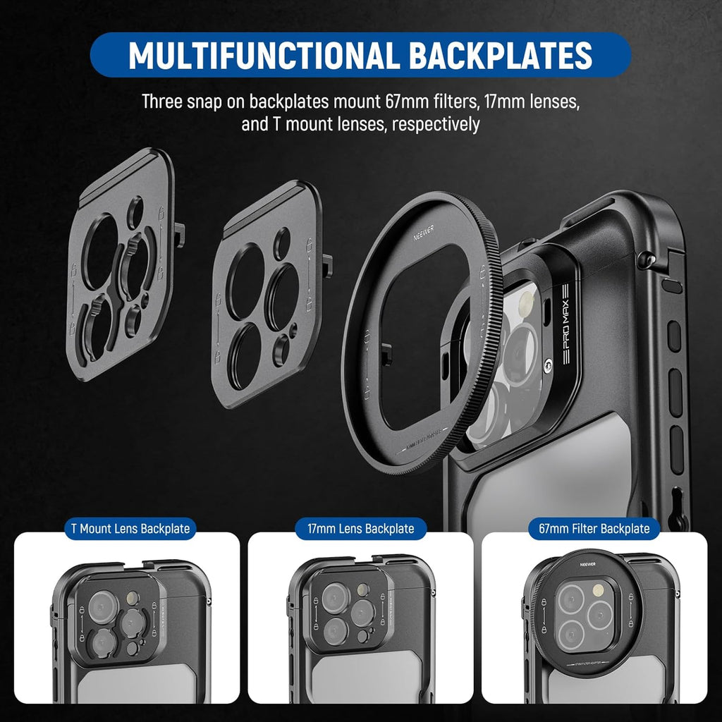 NEEWER 16 Pro Max Cage, Quick Release Video Rig Phone Stabilizer Compatible with iPhone 16 Pro Max with 67mm Filter Adapter, 17mm Lens Backplate, T Mount Lens Adapter Compatible with Moment, PA074