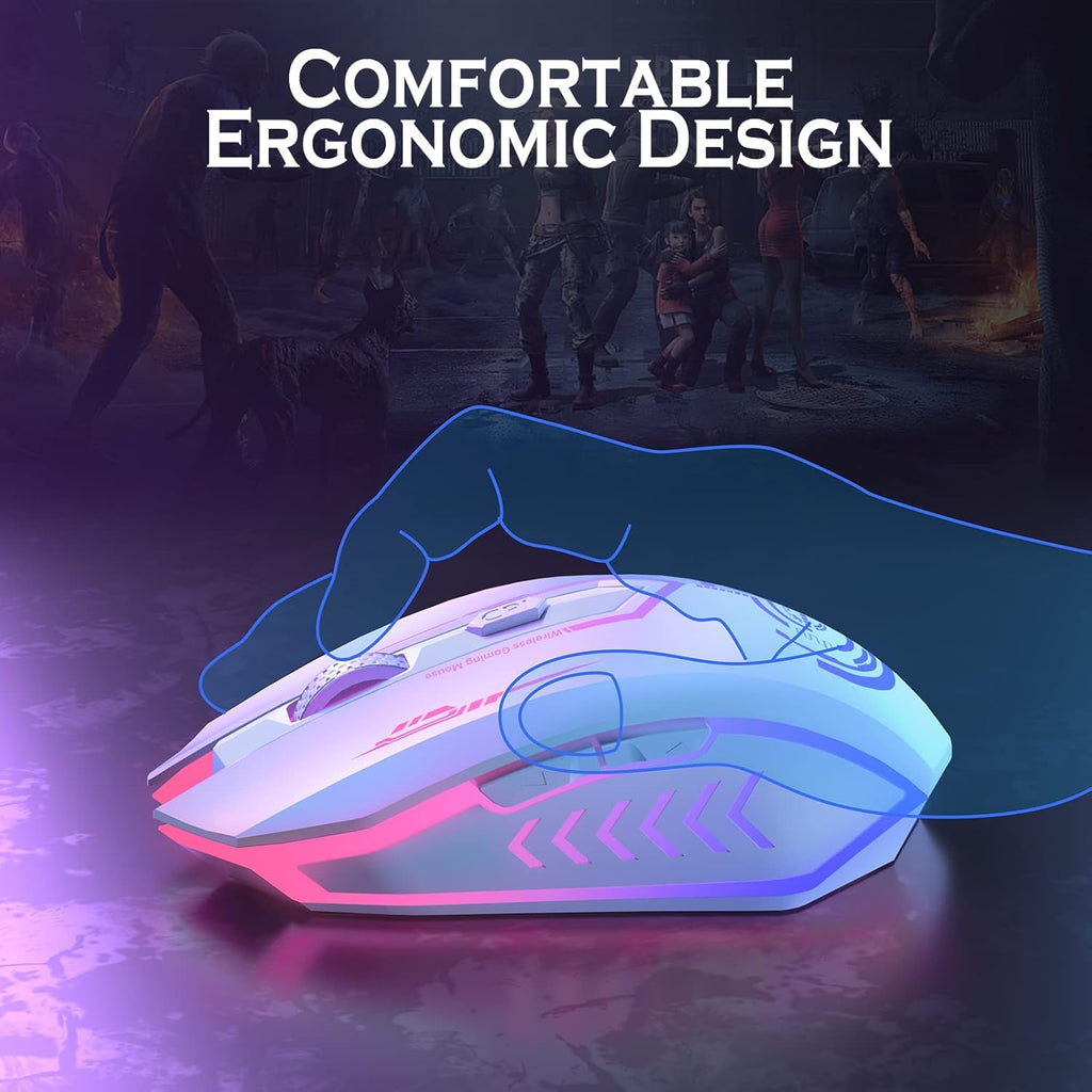 UHURU Gaming Mouse, Wireless Gaming Mouse with 6 Buttons 7 Changeable LED Color up to 10000 DPI, Rechargeable USB Gamer Mouse for PC Laptop (White)