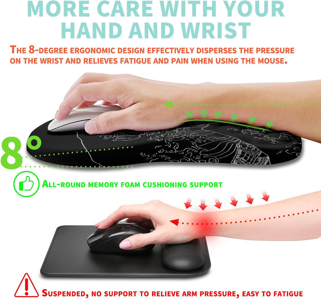 Ergonomic Mouse Pad Wrist Support with Memory Foam Massage Bulge, Carpal Tunnel Pain Relief Mousepad Wrist Rest for Mouse(12x8 inch,Sea Wave)