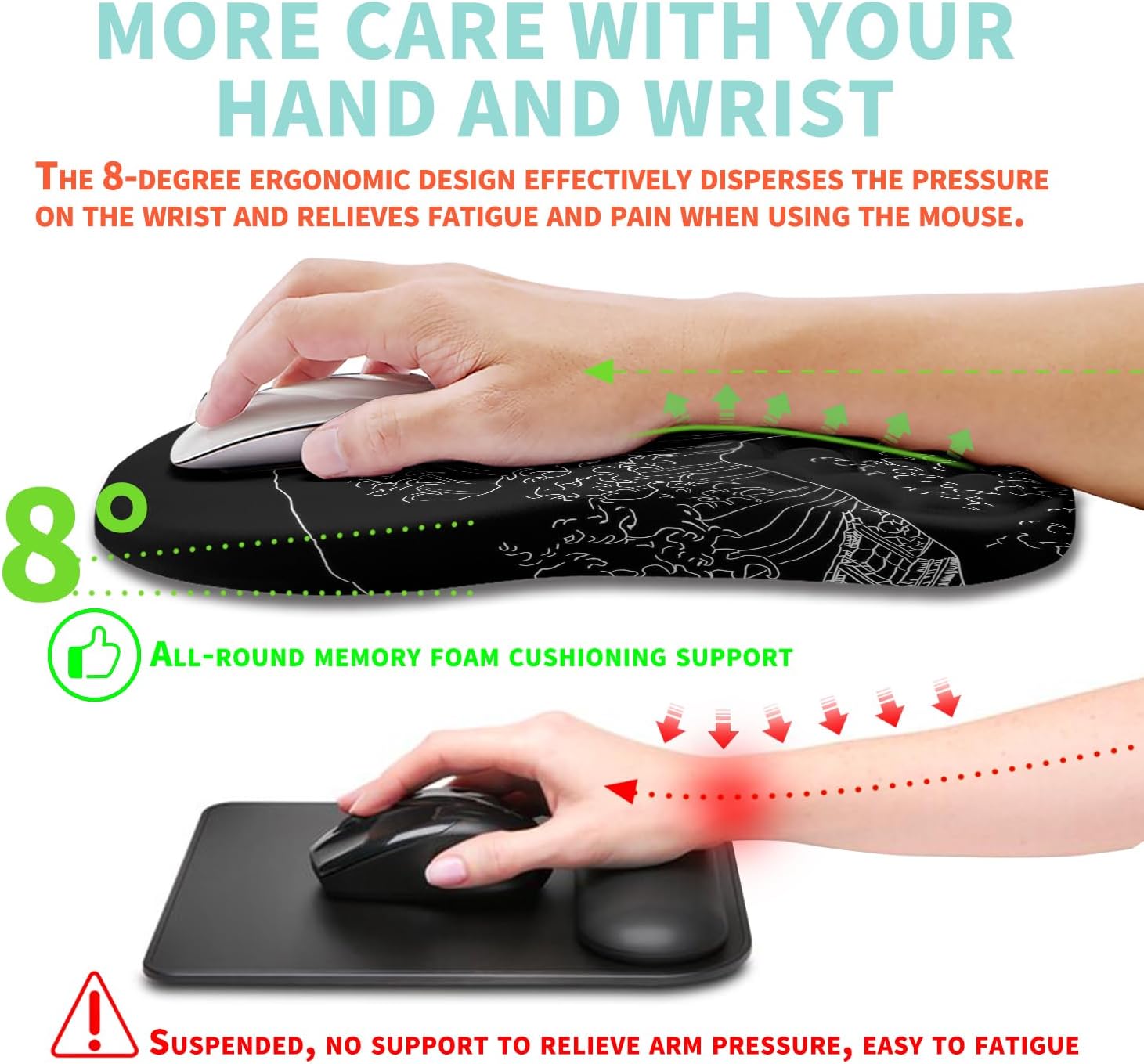 Ergonomic Mouse Pad Wrist Support with Memory Foam Massage Bulge, Carpal Tunnel Pain Relief Mousepad Wrist Rest for Mouse(12x8 inch,Sea Wave)