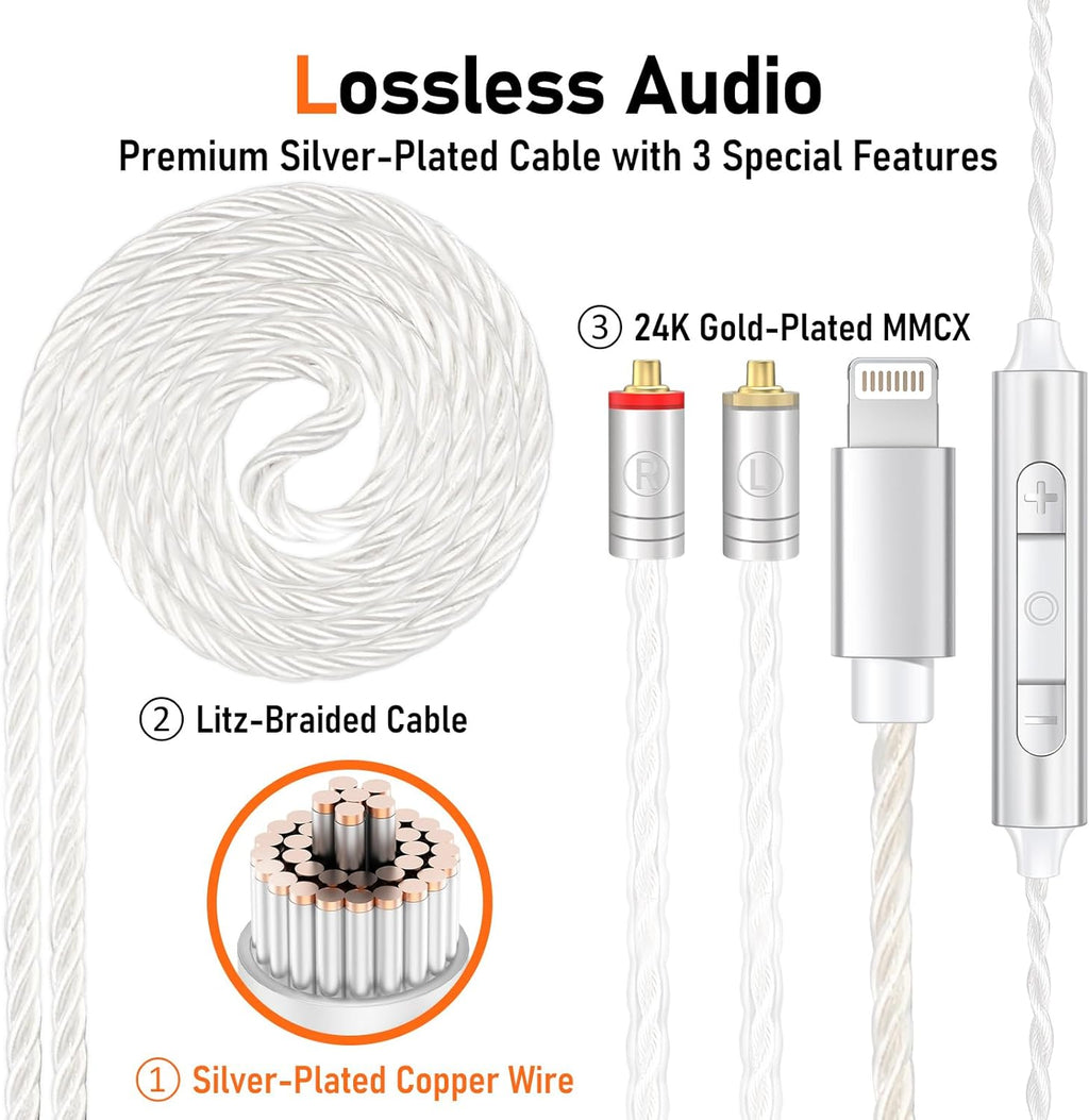 Vibes 202ML Wired Earbuds - HiFi in Ear Headphones - Noise-Isolating Ear Buds w/ Mic - Clear Sound, Deep Bass, Comfort-Fit Earphones - MMCX–Lightning for iPhone 5–14, Silver Plated Cord, Carrying Case