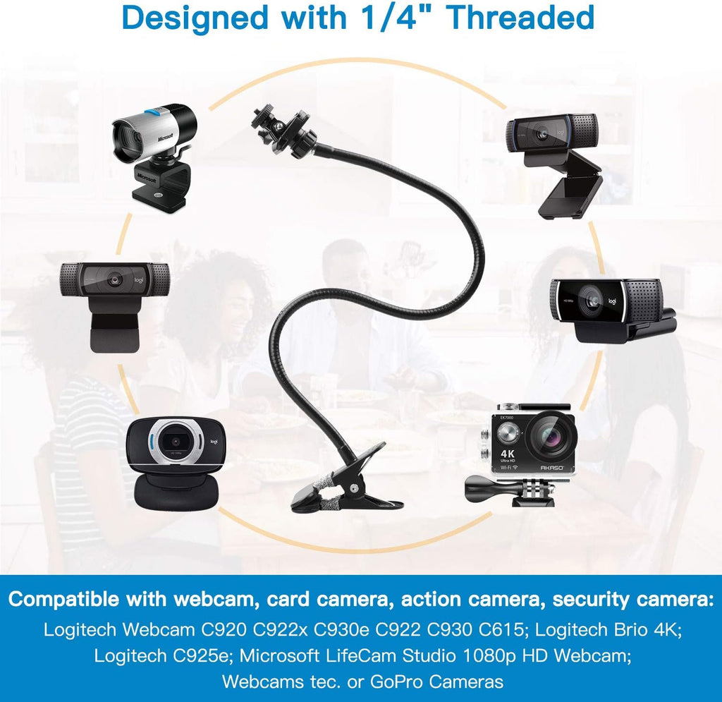 Pipishell 25 Inch Webcam Stand, Flexible Desk Mount Clamp Gooseneck Stand for Logitech Webcam C960 C930e C930 C920 C920S C922x C922 Brio 4K C925e C615 and Other Devices with 1/4" Thread-PIWS01