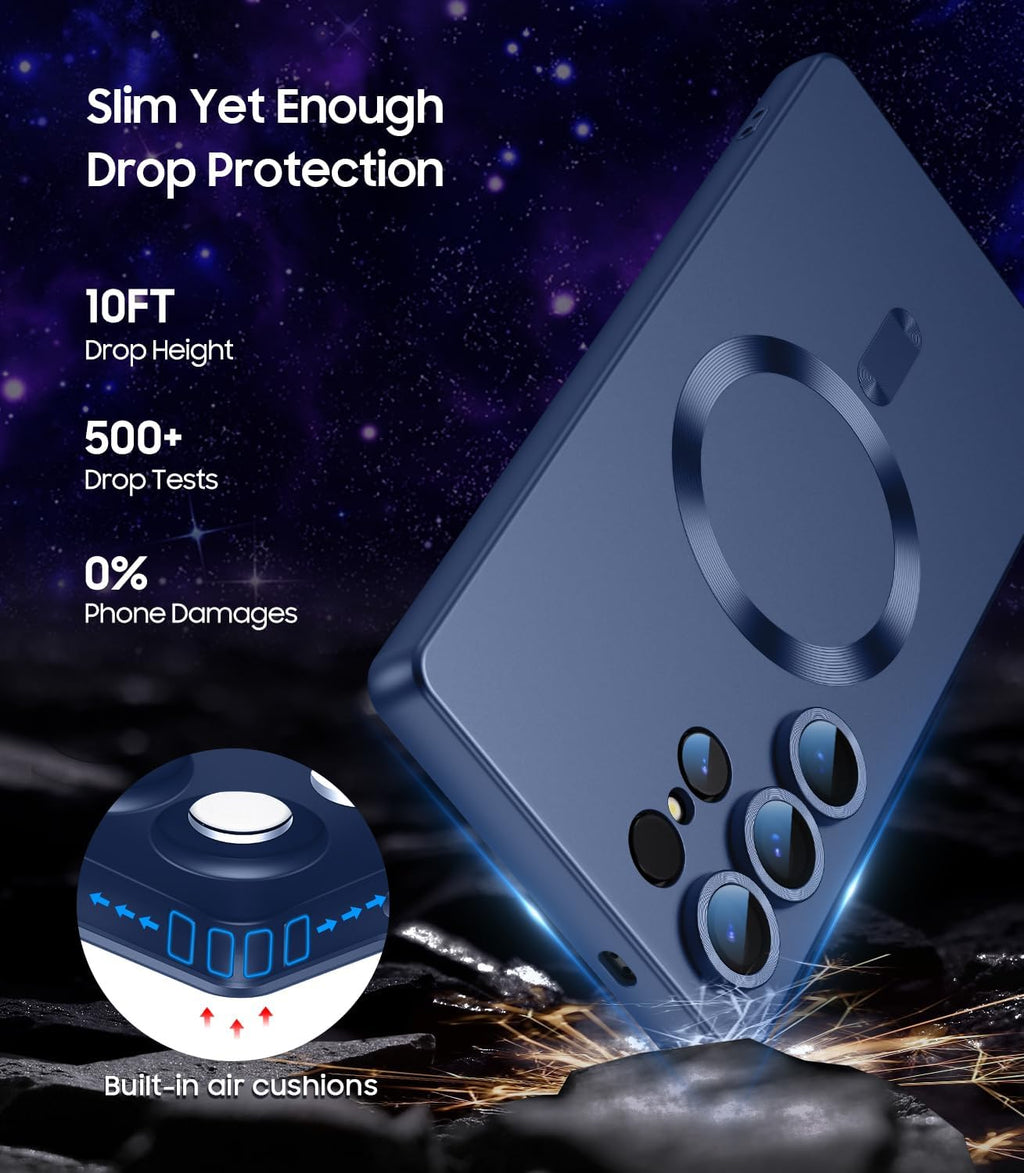 Magnetic for Samsung Galaxy S25 Ultra Case [Compatible with MagSafe][Built-in Camera Lens Protector] Slim Soft Silicone Bumper Shockproof Metallic Luster Phone Shell (Blue)