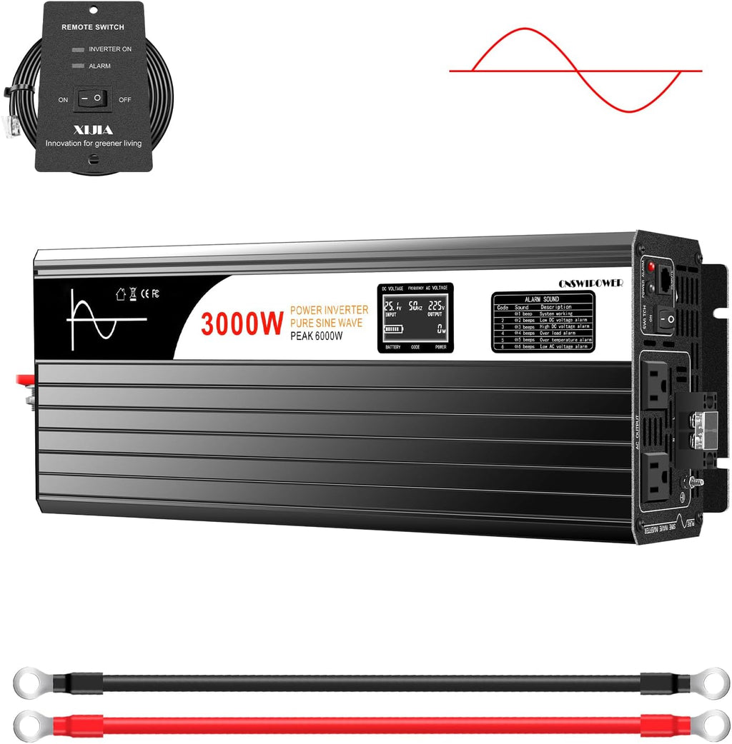 DC 12v AC 120V 60HZ Pure sine Wave 3000w Solar Power Inverter with Remote Switch&Soft Start for Home (DC12V (Range 10V-15V) 3000W)…