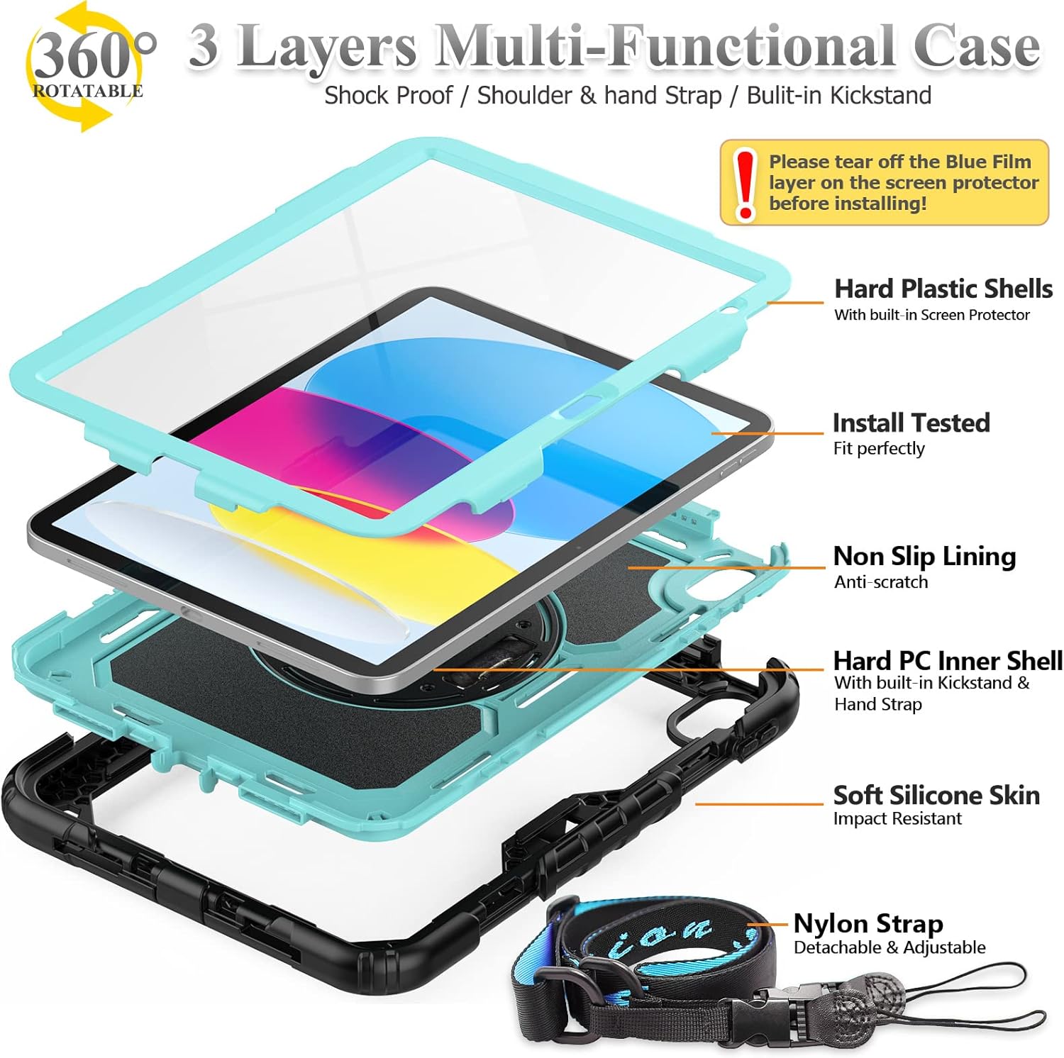 SEYMAC stock Case for iPad (A16) 11th/10th Generation 11''/10.9'' 2025/2022, Full-Body Drop Protection Case with Screen Protector &360° Rotate Hand Strap/Stand, Brightblue+Black