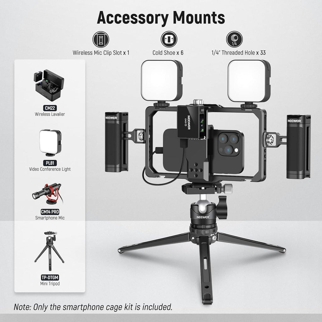NEEWER Upgraded Phone Rig Vlogging Kit, Video Stabilizer with Dual Handle, Wireless Mic Clip Slot for Tiktok/YouTube, Compatible with SmallRig iPhone 16 15 14 Pro Max Plus 13 Galaxy S23, PA009