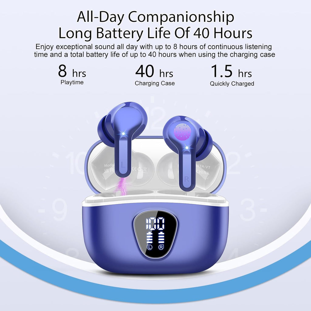 Wireless Earbuds, Bluetooth 5.4 Headphones HiFi Stereo, Bluetooth Earbuds with ENC Noise Cancelling Mic, IP7 Waterproof in Ear Earphones, 48H, LED Display Ear buds for Pad Workout Sports, Blue
