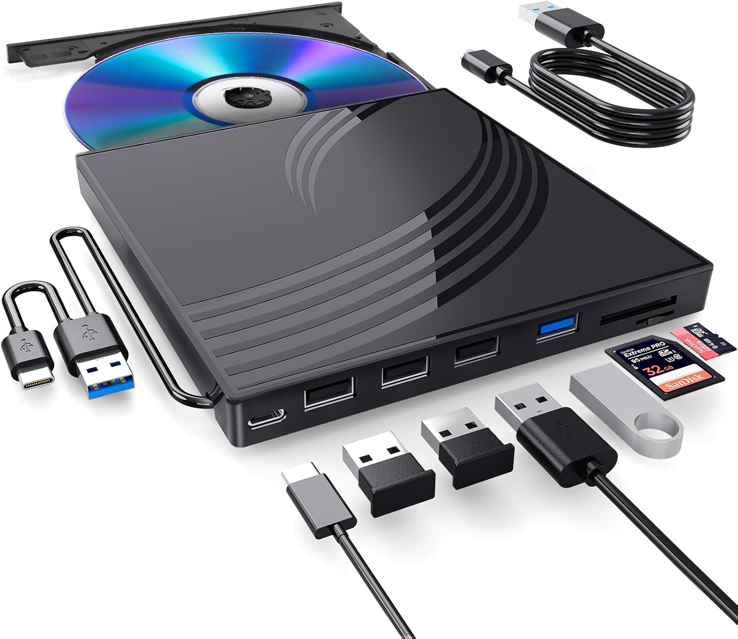 External CD/DVD Drive for Laptop, Ultra Slim CD Burner USB 3.0 Hub with 4 USB Ports, 2 TF/SD Card Slots,1 Type-C Port,DVD Player for Laptop Compatible with mac OS/Windows/Linux (Black)