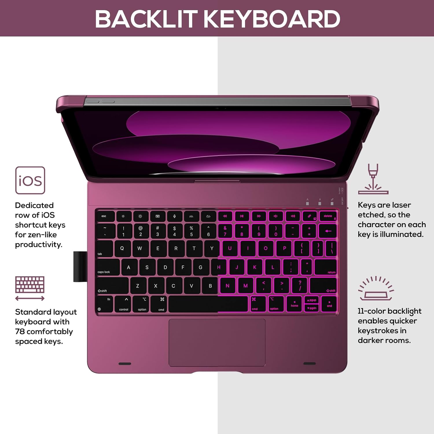 typecase Touch iPad 10th Generation Case with Keyboard (10.9", 2022), Multi-Touch Trackpad, 10 Color Backlight, 360° Rotatable, Thin & Light for Apple iPad 10th Gen 10.9 (Raspberry)