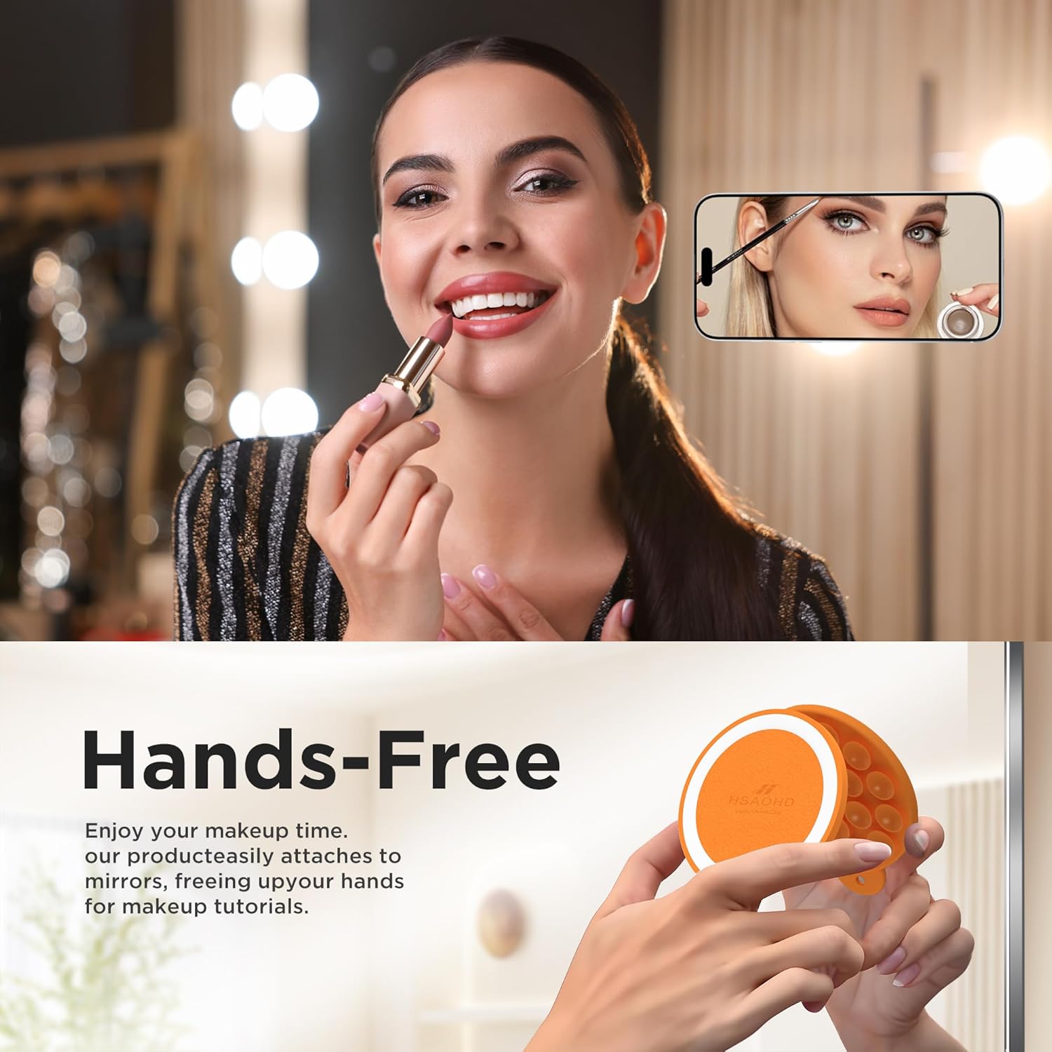 Magnetic Suction Cup Phone Mount for MagSafe Case, Silicone Hands-Free Grip Holder for iPhone and Android, Mirror Shower Phone Stand for Makeup FaceTime Gym Kitchen Bathroom, Orange