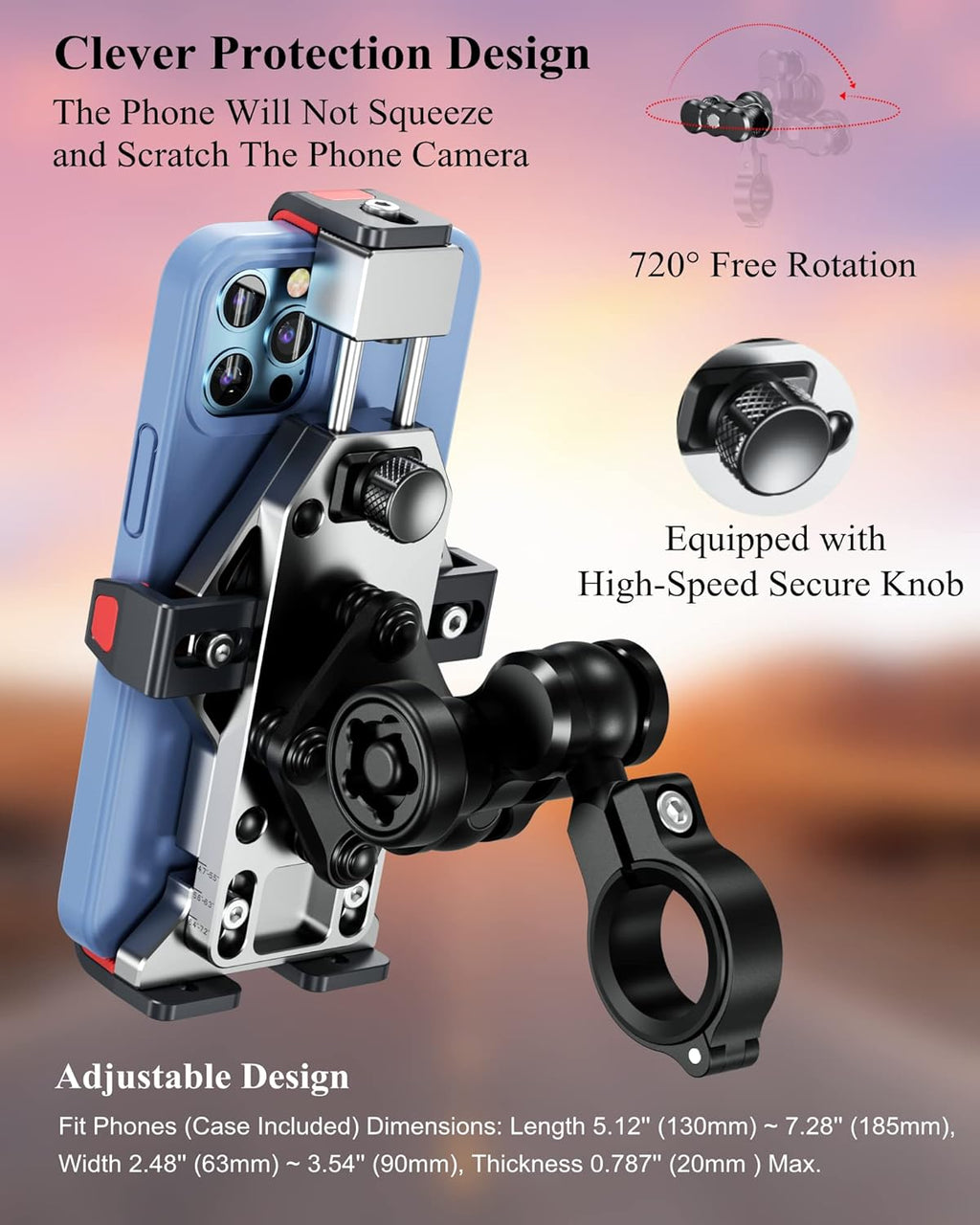 BRCOVAN Motorcycle Phone Mount with Vibration Dampener & Secure Lock, Solid Aluminum Alloy, Anti-Theft Handlebar Cellphone Holder, Adjustable for Motorcycle Bike Scooter ATV, Fit 4.7-7.2'' Smartphone
