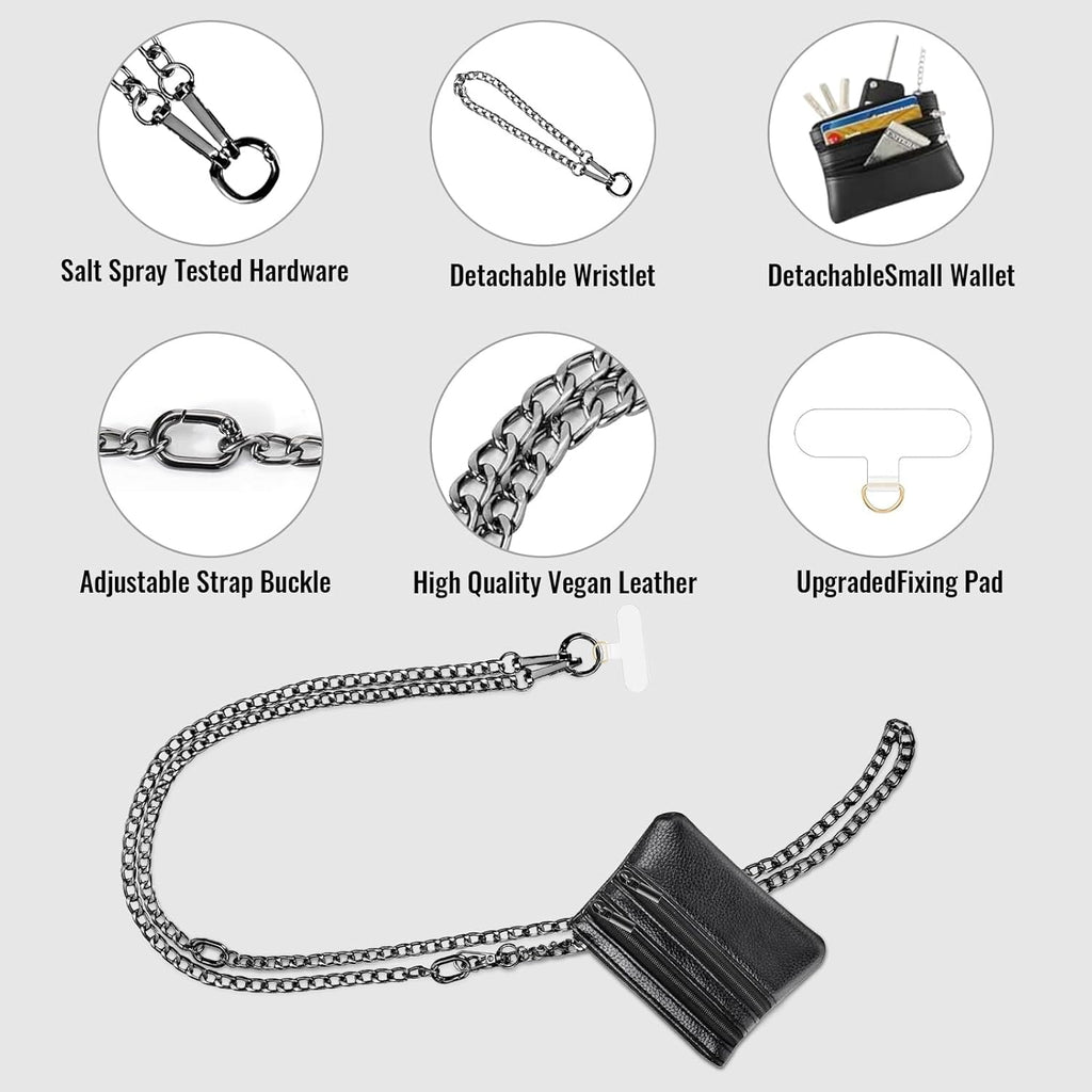 Clip and Go Strap for Phone Gun Metal Chain with Black Pouch Wallet Crossbody Phone Lanyard for Women with Cell Phone Stand Holder 2 Patches Tether Adjustable Anti Theft for iPhone 16 15 14 All Phones