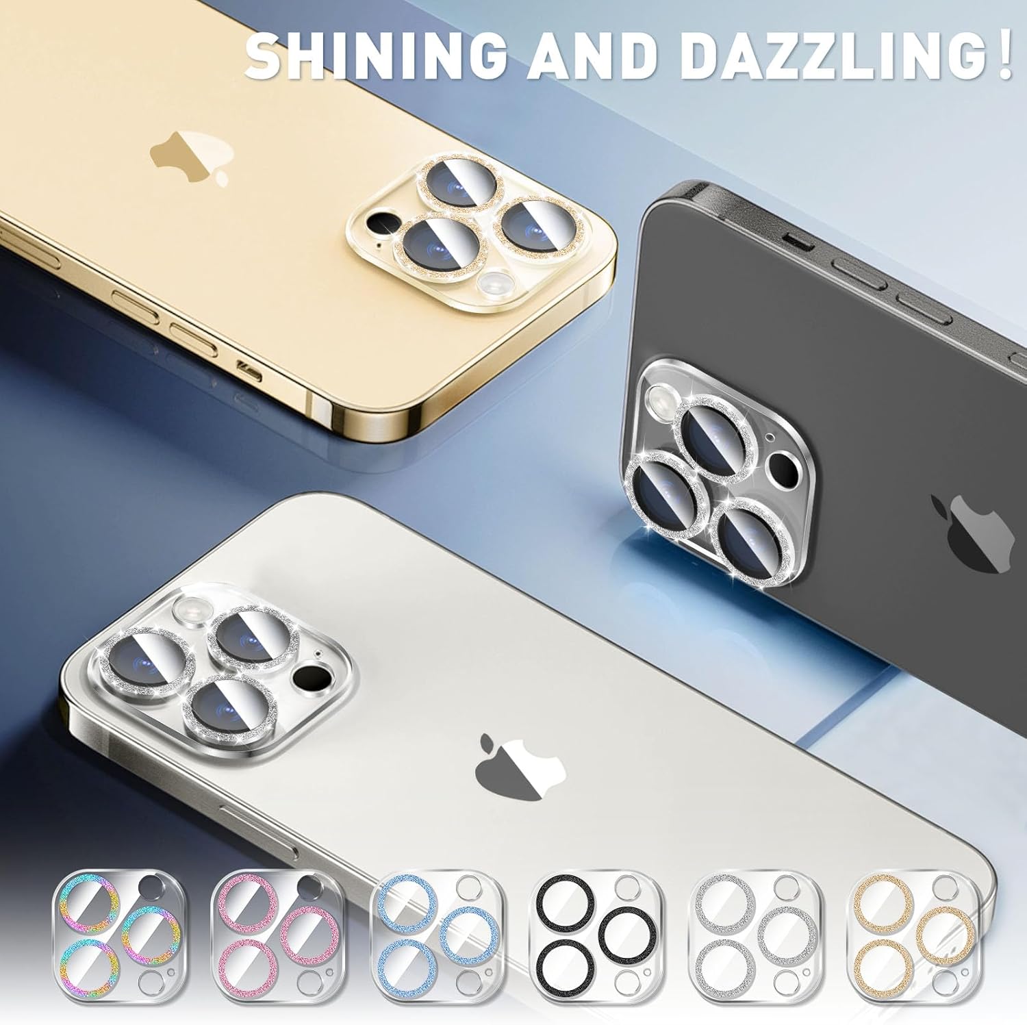 LucBuy 3PCS Sparkling Camera Lens Protector for iPhone 14 Pro/iPhone 14 Pro Max, Full Clear Acrylic Cover with Shiny Colorful Glitter Designed Decoration Back Camera Protector