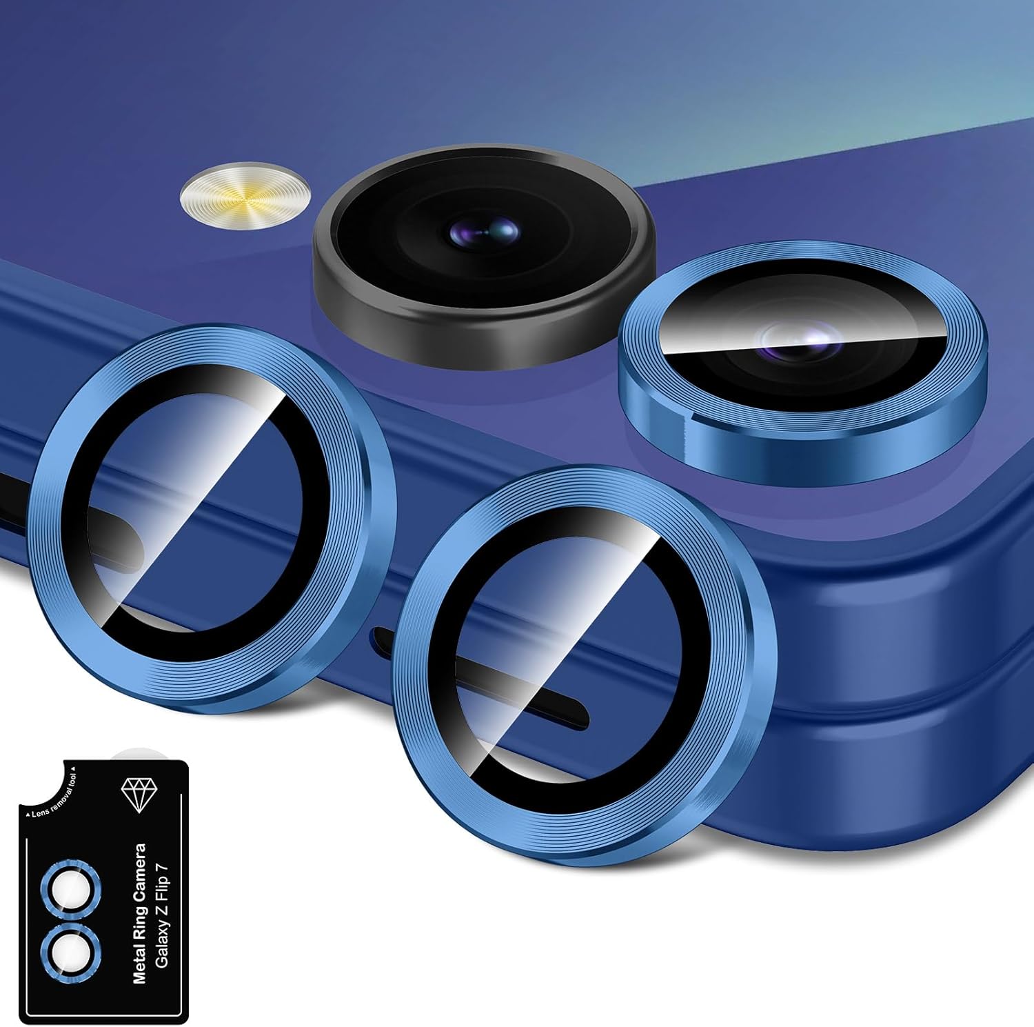 for Samsung Galaxy Z Flip 7 Camera Lens Protector, Individual Metal Ring Tempered Glass Lens Cover, [Strong Adsorption] Scratch Resistant Ultra-Thin HD Clear Lens Cover, 1 Set-Blue Shadow