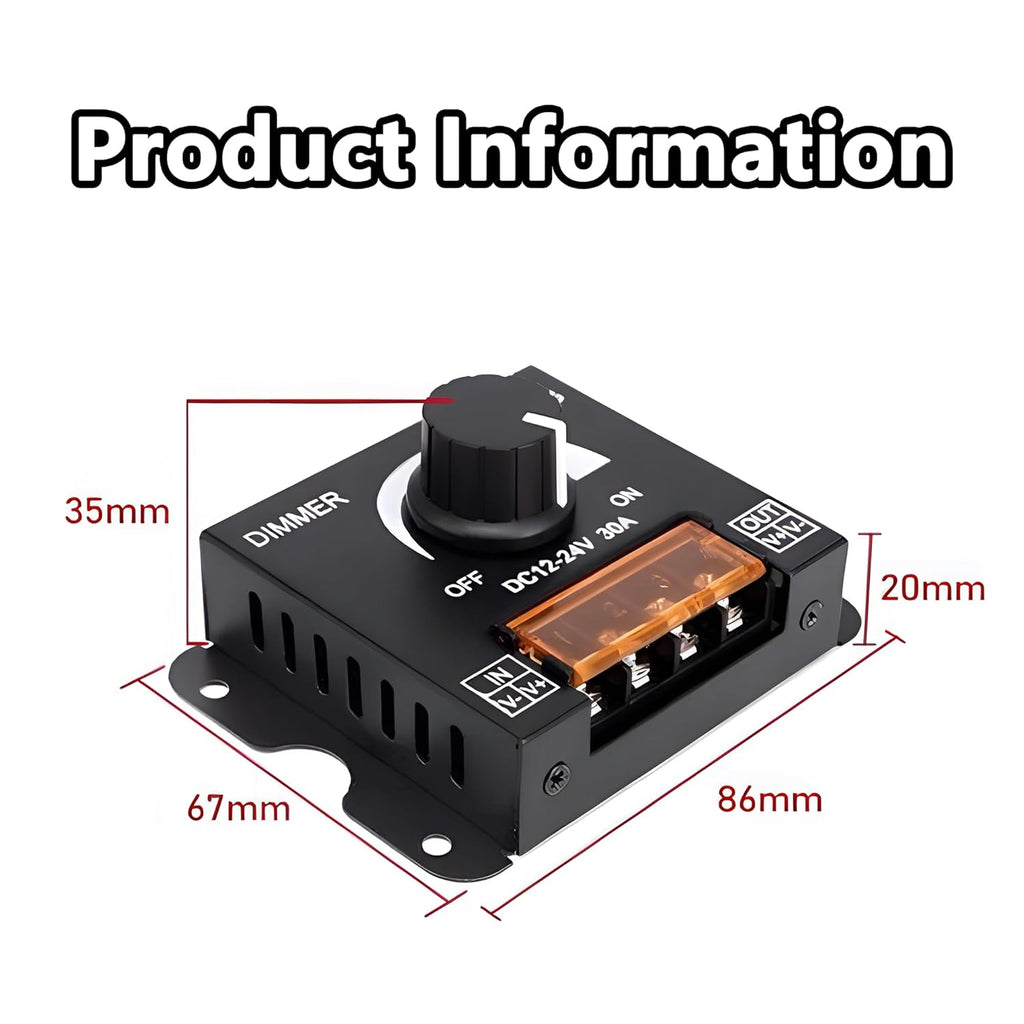 MAYWILLA LED Light Strip Dimmer Controller,DC 12V-24V 30A PWM Stepless Dimming Switch with Adjust Brightness ON/Off Knob and Aluminum Case for Single Channel 5050 3528 LED Light Strip