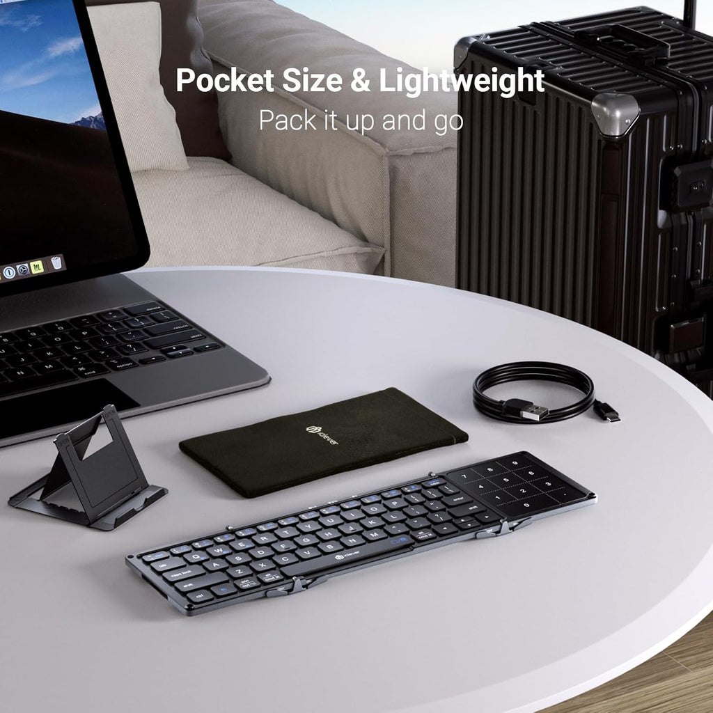 iClever Foldable Bluetooth Keyboard, BK18 Foldable Keyboard with Touchpad and Number Pad, Portable, Rechargeable, Pocket Size for Travel, Compatible with iPad, iPhone, Laptop