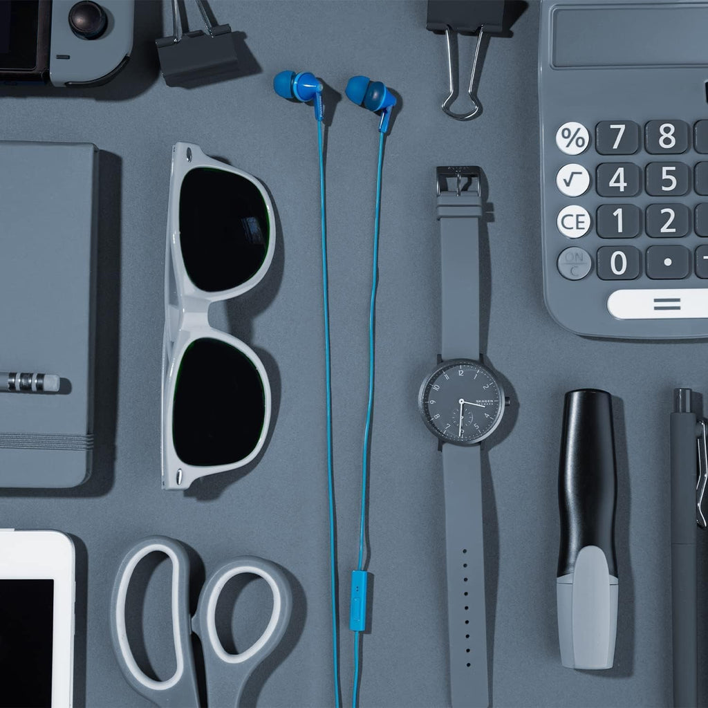Panasonic ErgoFit Wired Earbuds With Microphone, 3.5mm Jack Wired Headphones with Mic and Call Controller, Ergonomic Custom-Fit Earpieces (S/M/L), for Phones and Laptops - RP-TCM125-A (Blue)