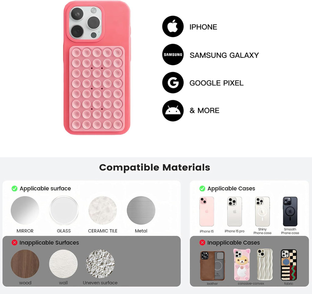 Silicone Double-Sided Suction Phone Grip Detachable Mount - Car Dashboard/Shower Phone Holder, Hands-Free For Selfies & Videos, TikTok/ASMR/Yoga - iphone & Android Compatible (3.94"x2.5",Baby Pink）