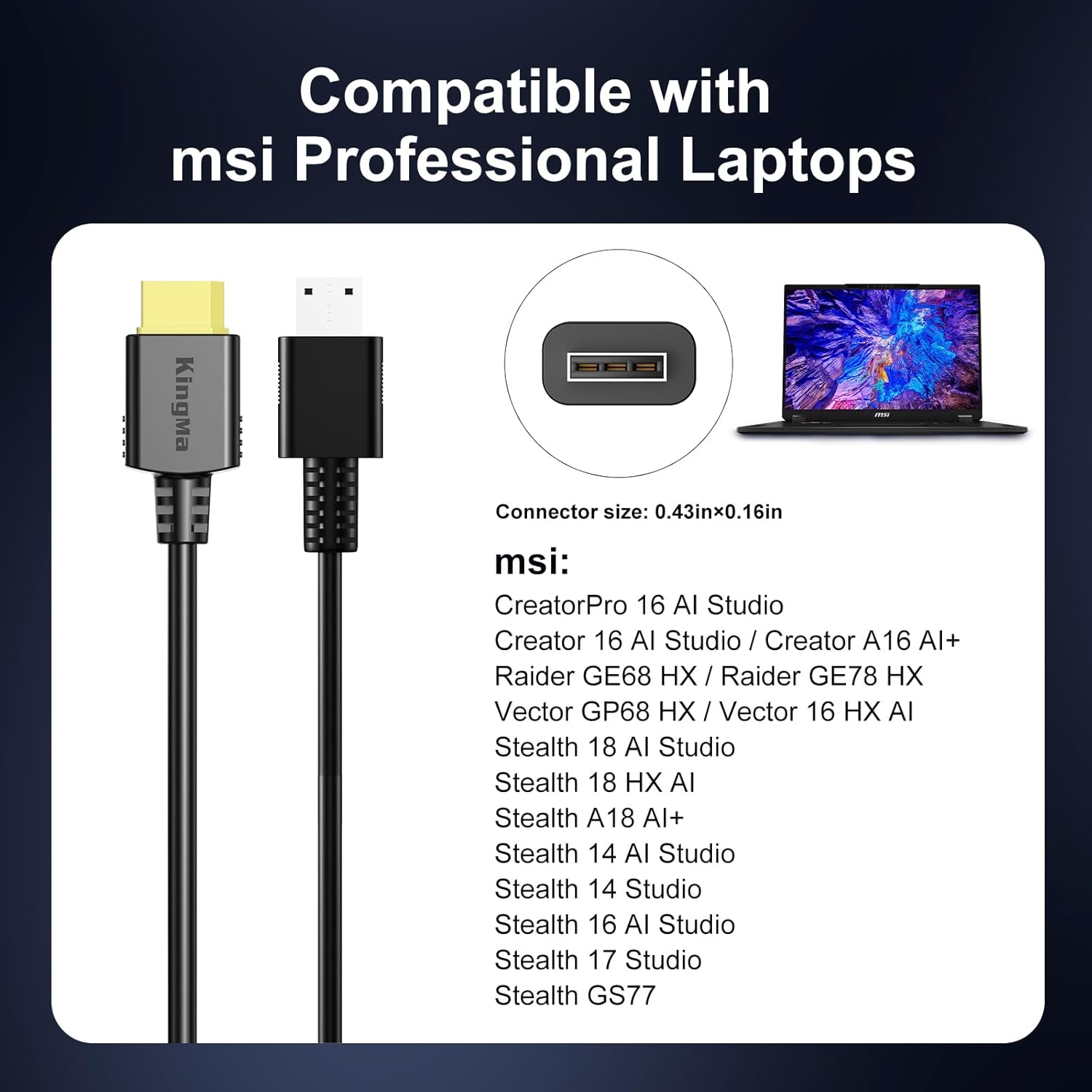 MSI 330W (20V/16.5A) Gaming Laptop GaN Charger for Vector GP68/Pulse GP78 HX PD 3.0 Fast Charging Adapter with 11-40mm Cable Compatible with Titan GT77 HX/Raider GE78 HX/Stealth GS77/ Pulse GP68 HX
