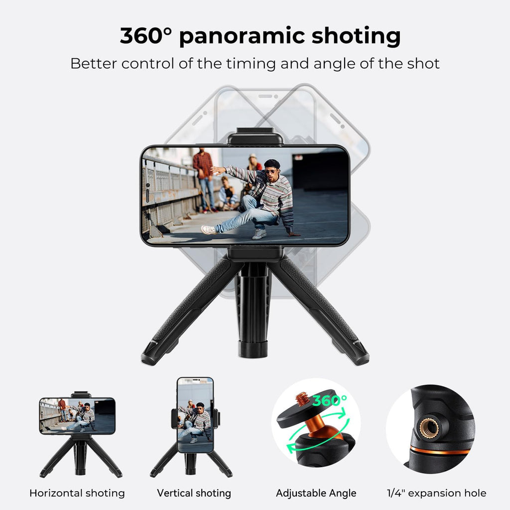 K&F Concept Selfie Stick Tripod, 360 Degree Rotation Mini Phone Stand with Ball Head and Cold Shoe Mount, Cellphone Holder with Wireless Remote for Smartphone Black