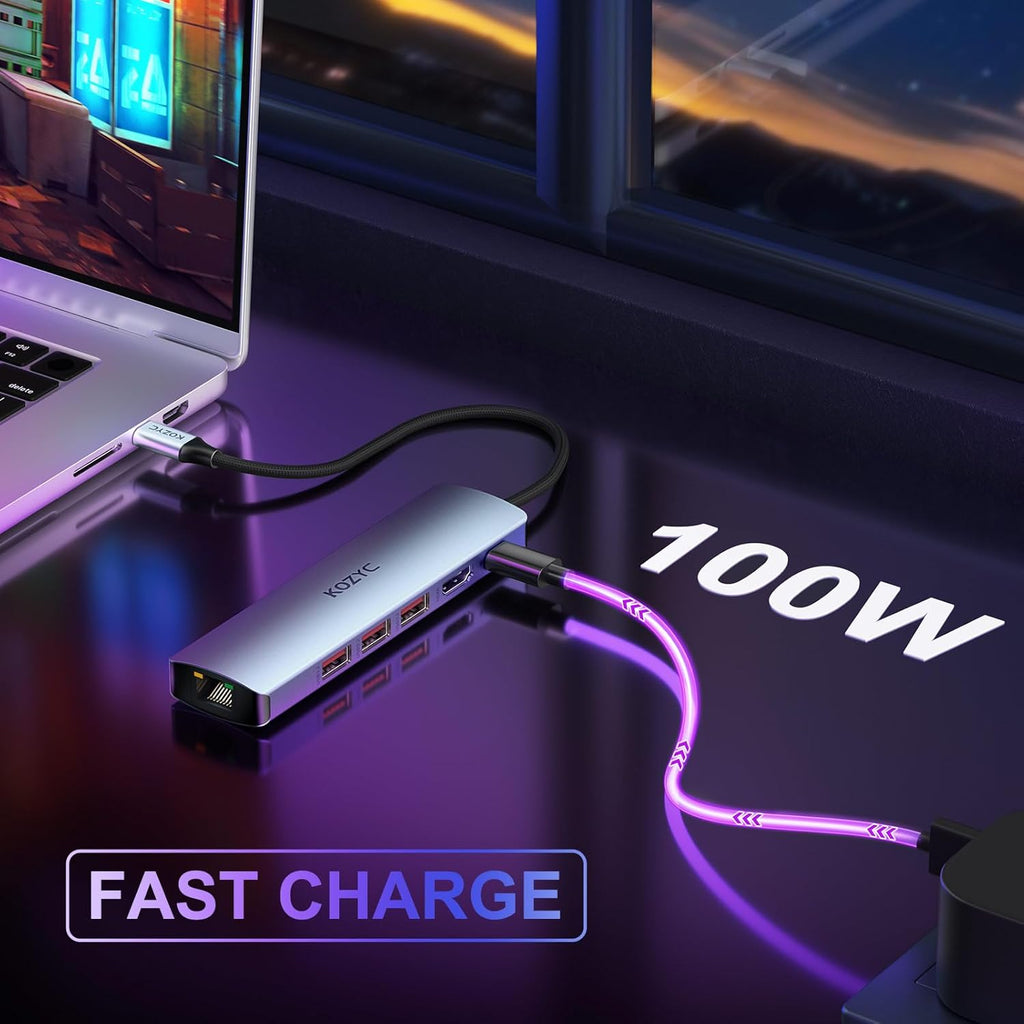 USB C Hub Ethernet, KOZYC 6-in-1 USB C Hub with 10Gbps, HDMI 4K 60Hz, 1Gbps Ethernet, 3xUSB-A 3.2, 100W PD Compatible with MacBook Air/Pro, XPS13/15, Dell