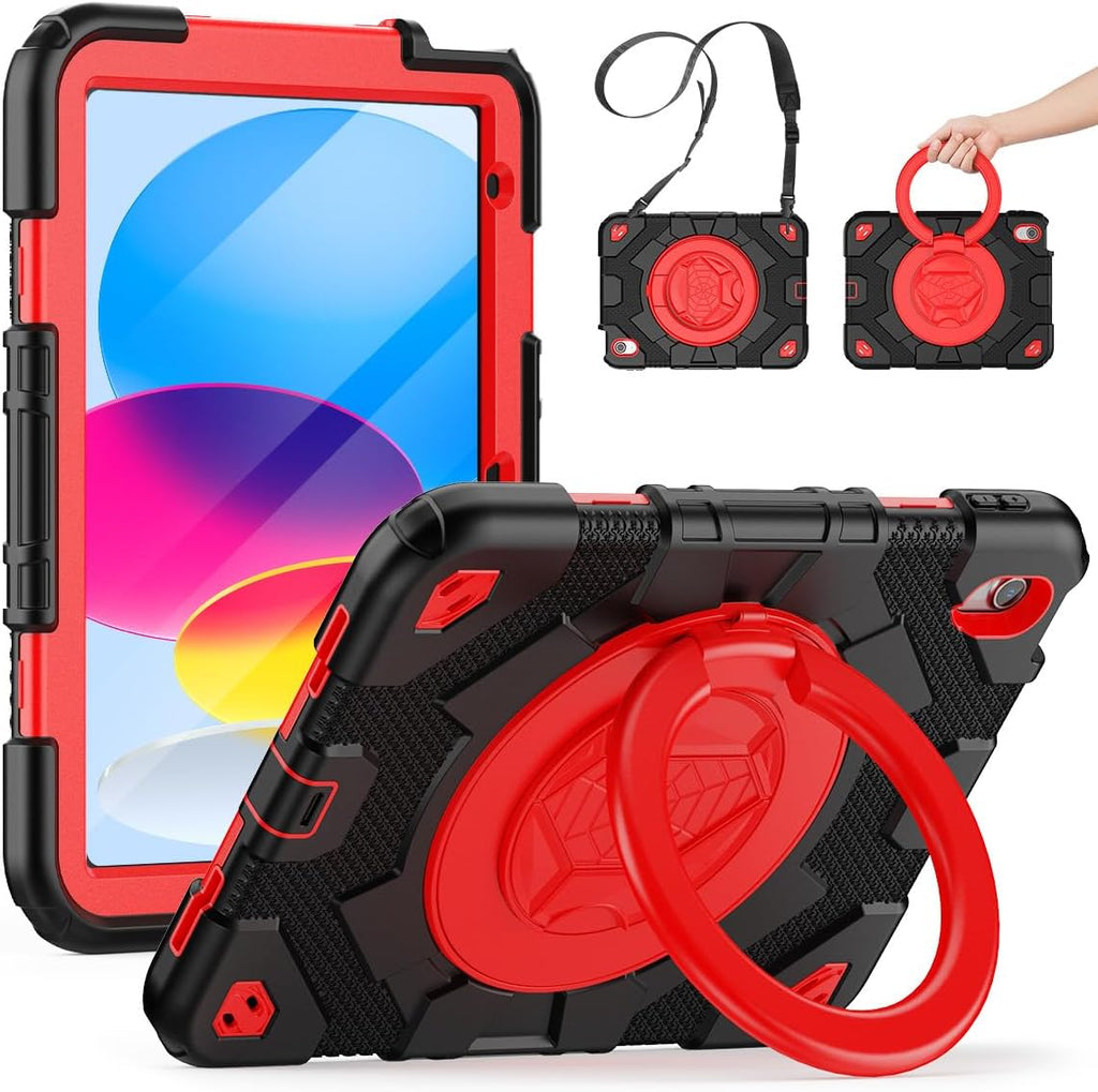 SCSVPN for iPad (A16) 11th/10th Generation Case 11 inch 2025/10.9 inch 2022, Rugged Shockproof Protective Silicone Case for Kids with Pencil Holder, Rotate Stand & Handle, Shoulder Strap - Black/Red