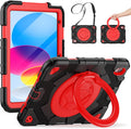 SCSVPN for iPad (A16) 11th/10th Generation Case 11 inch 2025/10.9 inch 2022, Rugged Shockproof Protective Silicone Case for Kids with Pencil Holder, Rotate Stand & Handle, Shoulder Strap - Black/Red