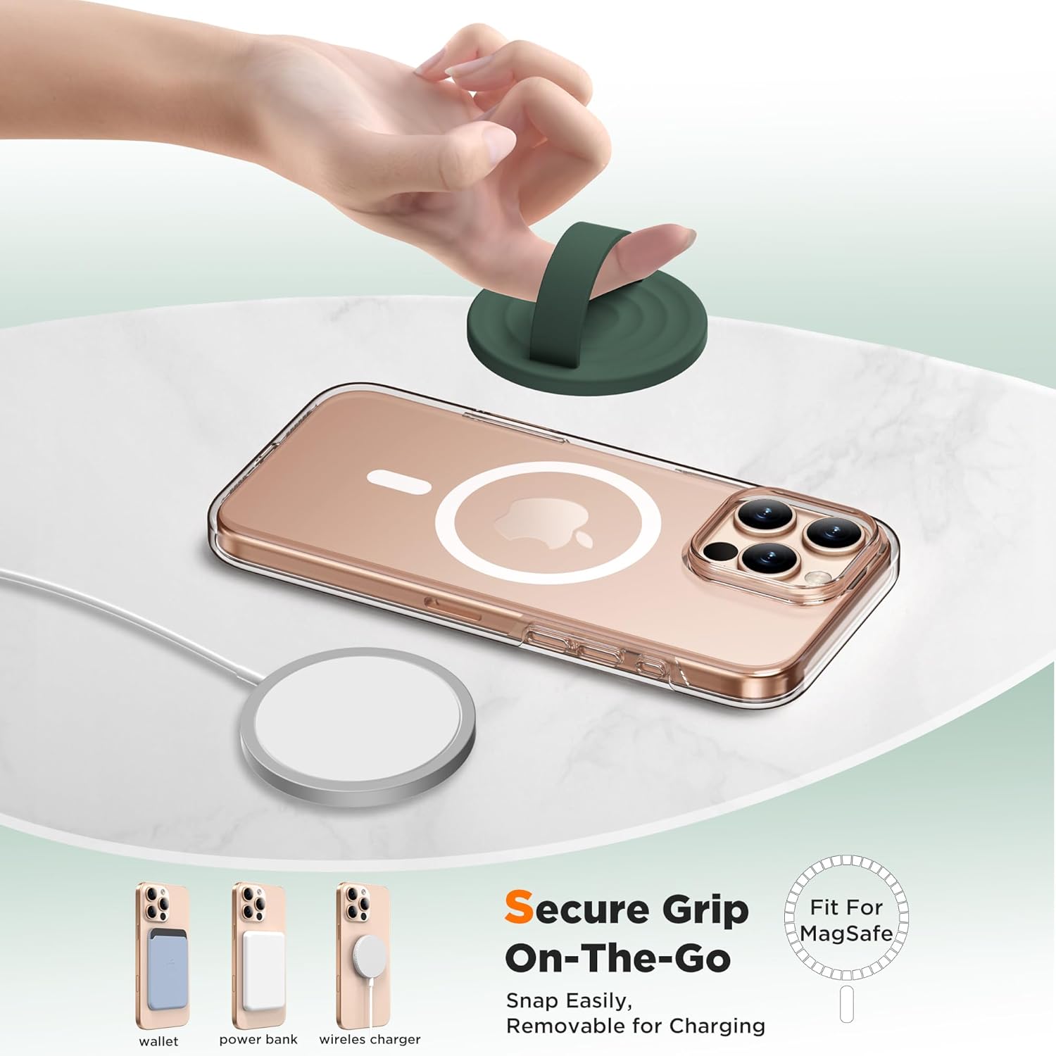 Magnetic Phone Ring Grip Holder, Silicone Finger Loop Grip, Compatible with MasSafe, Back of Phone for iPhone Pro Max/Plus/16/15/15/14/13/12 Series, Alpine Green
