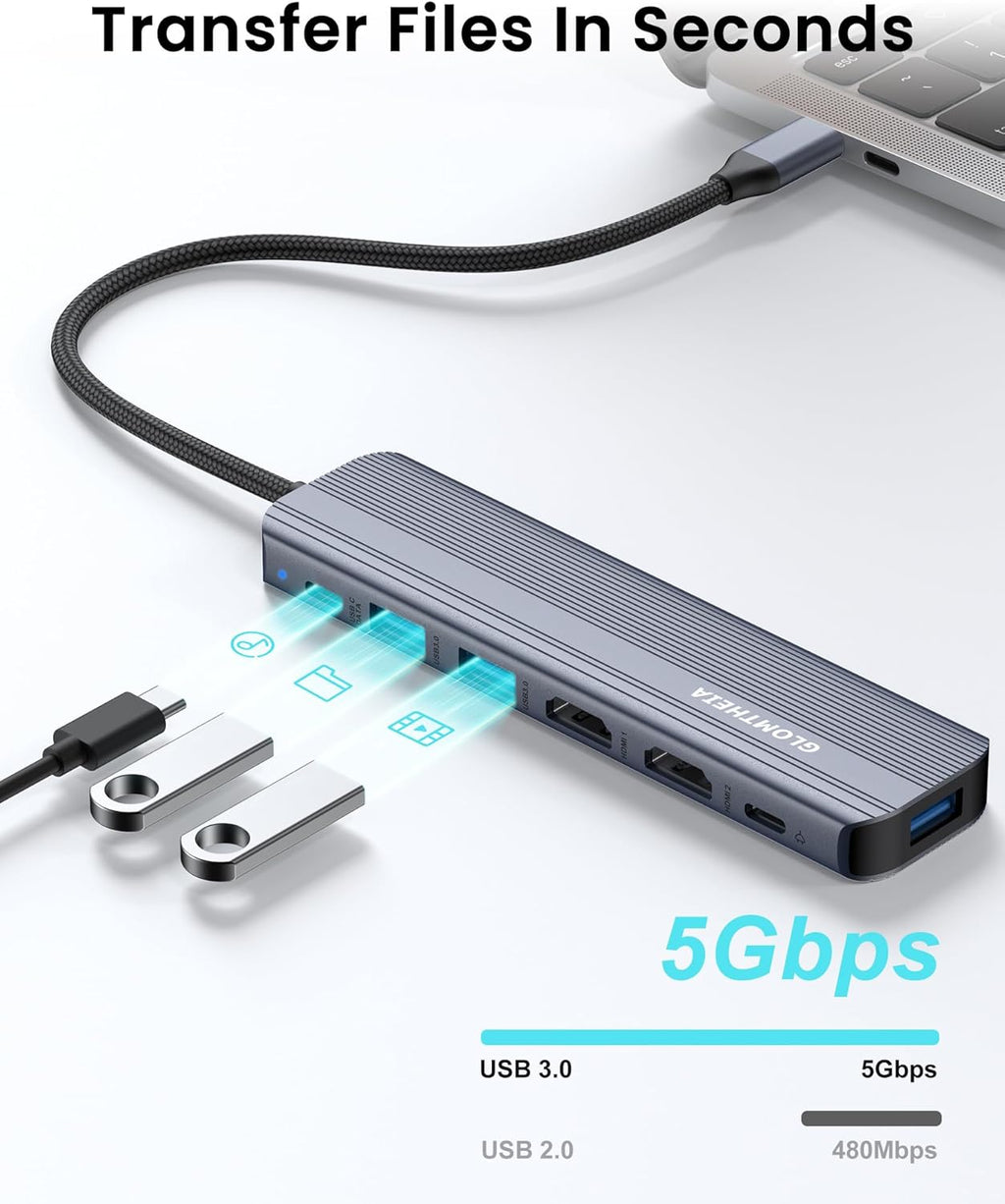 USB C Hub Docking Station Dual Monitor for Laptop, MacBook Air/Pro Dock Adapter Multiport Dongle with 2 HDMI Ports 4K 60Hz, 100W PD Charging, 3 USBA 3.0 & USBC