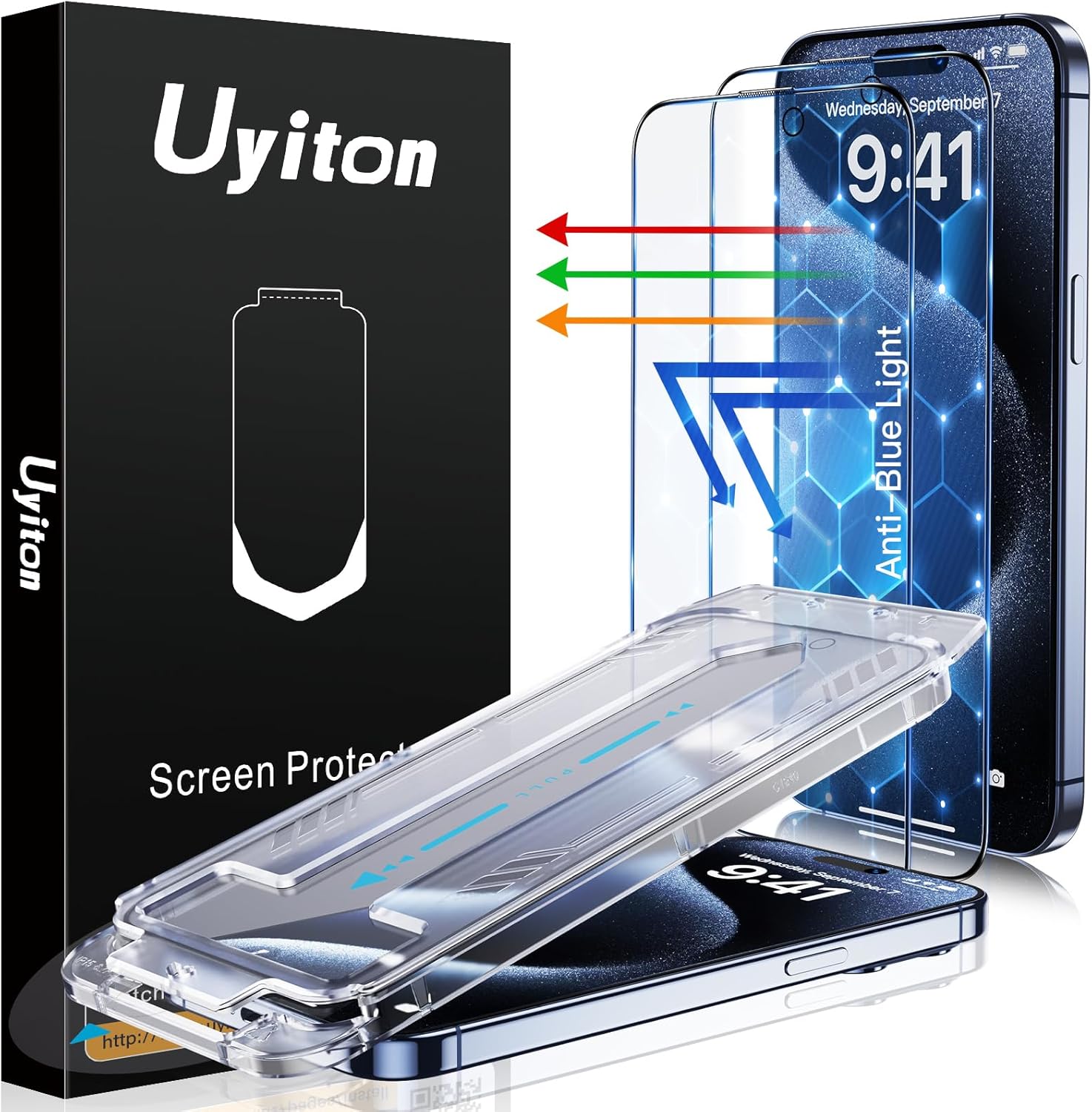Uyiton Anti-Blue Light for iPhone 15 Pro Max Screen Protector - Unbreak-Glass Easy to Install Full Coverage Case Friendly Scratch Resistance 9H Tempered Glass, 2 Pack