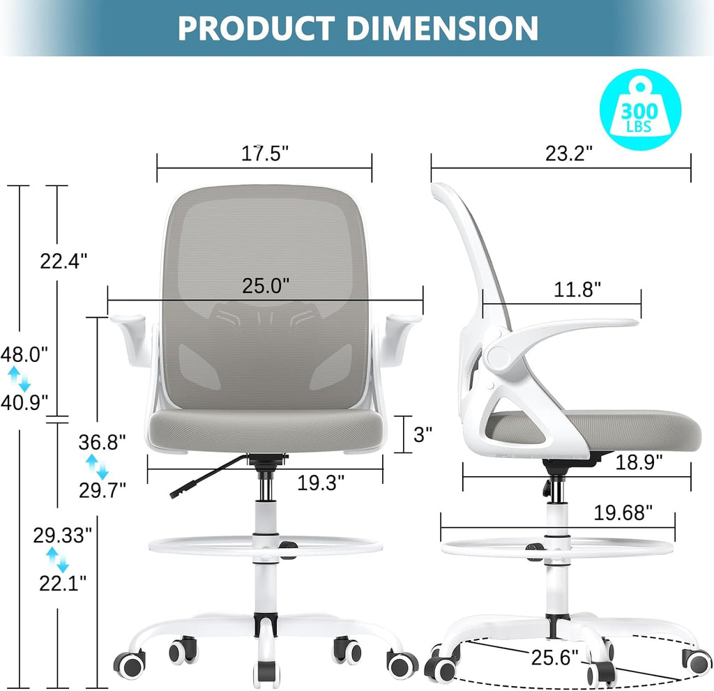 Tall Drafting Chair with Footrest Ring for Home and Work, Ergonomic Home Desk Office Chair with Flip up Arms and Lumbar Support, Extended Height Executive Desk Office Chair(Gray)