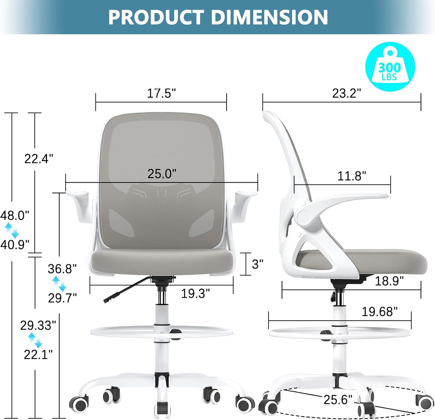 Tall Drafting Chair with Footrest Ring for Home and Work, Ergonomic Home Desk Office Chair with Flip up Arms and Lumbar Support, Extended Height Executive Desk Office Chair(Gray)