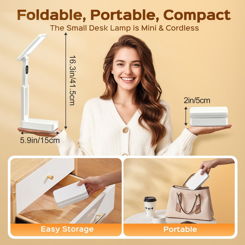Small Desk Lamp,10000mAh Battery Operated Lamp,3 Colors+Dimmable Desk Light,LED Desk Lamp with USB Charging Port+Digital Clock+45min-Timer,Wireless & Portable Light,Desk Lamps for Home Office,Craft