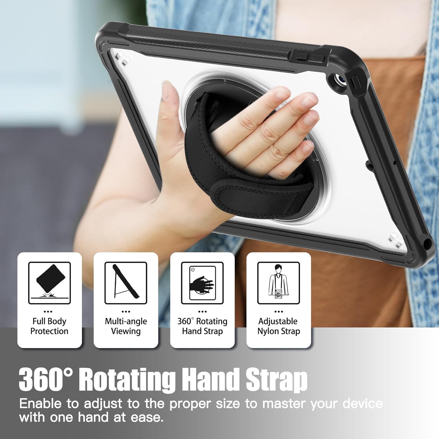 ZenRich Clear Case for iPad 9th/8th/7th Generation 10.2 inch 2021/2020/2019, Shockproof Slim Hard Case with Pencil Holder/360°Rotating Kickstand/Handle/Carrying Strap, Black