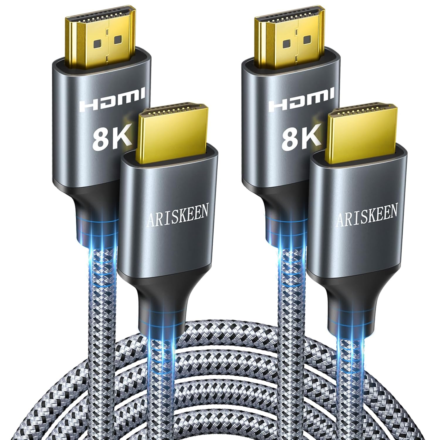 ARISKEEN 8K HDMI Cable 8FT 2-Pack, 48Gbps High Speed HDMI 2.1 Cable, 8K 60Hz, 4K 120Hz 144Hz Support for HDR 10, HDCP 2.2 2.3, eARC, DTS:X, Braided HDMI Cord Compatible with Laptop/HDTV - 8 Feet