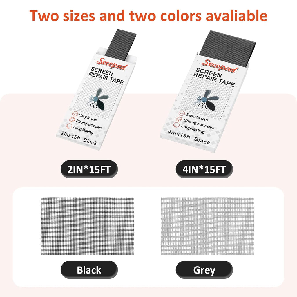 Black Screen Repair Tape, 4" X 180" (15FT) Window Screen Door Repair Kit, Strong Adhesive Fiberglass Patch Tape Mesh
